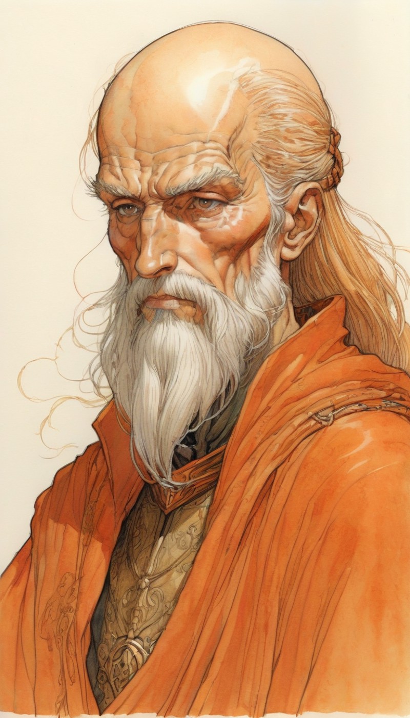 Medieval (Porter), Bene Gesserit Older man with wizard beard buff, wearing Rust Orange colored clothes, who is constantly ...